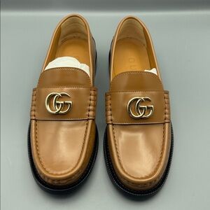 Gucci Brown Leather GG Logo Loafers - Women's